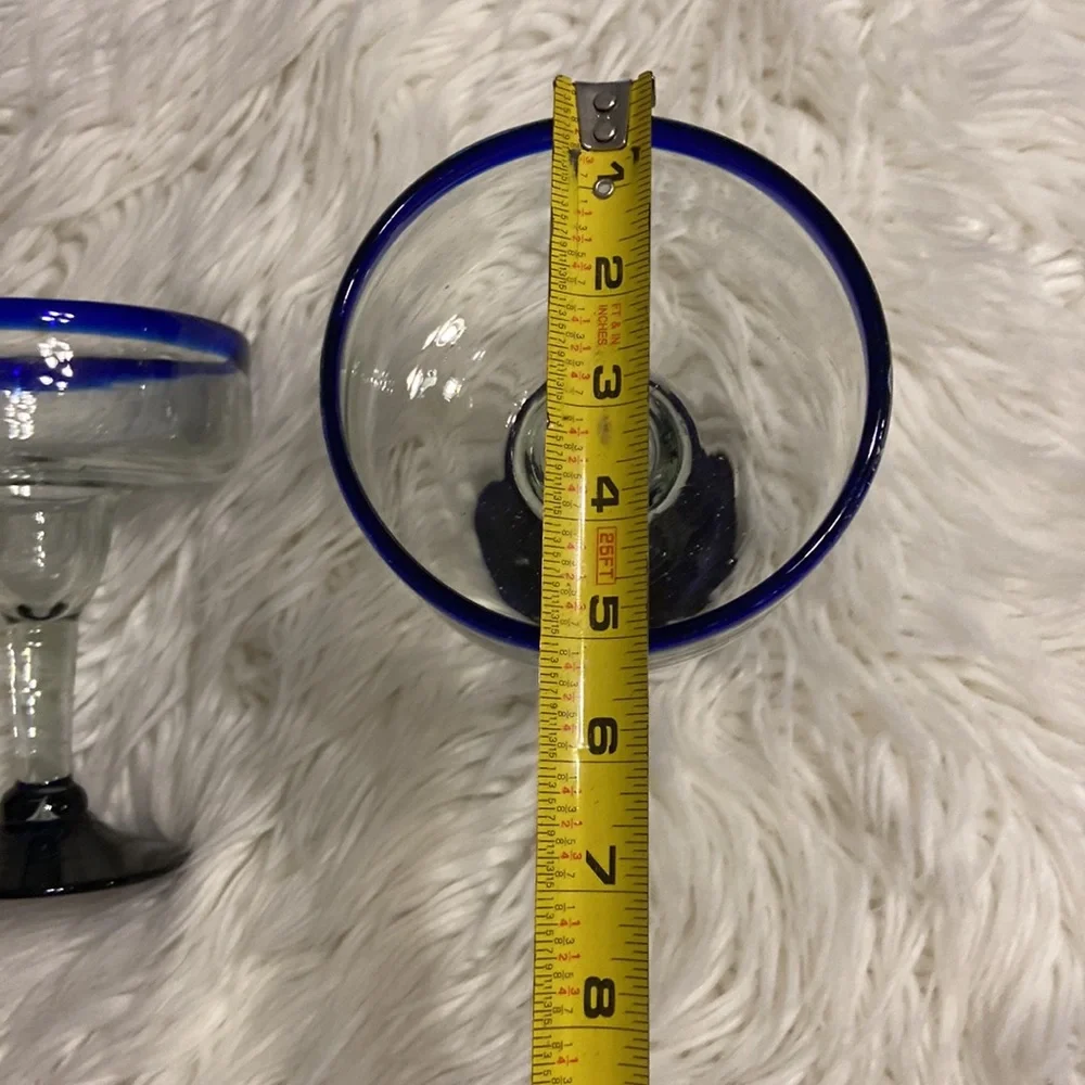 Set Of Two Margarita Glasses Hand Blown Mexican Glass Barware Blue Rim And Base